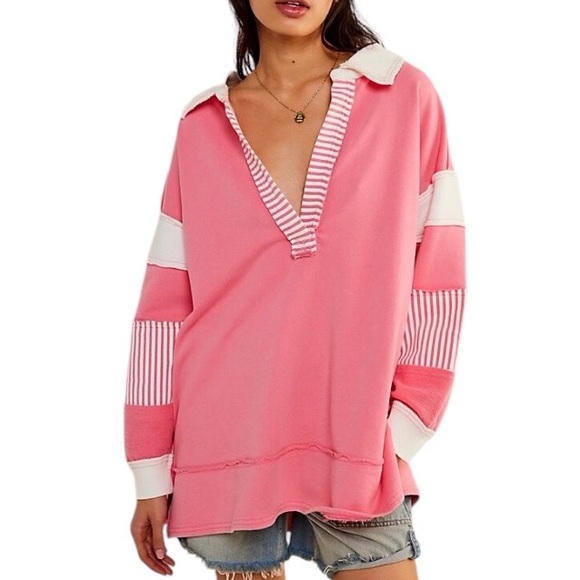 We The Free People Clean Prep Nautical Striped Collared Pullover Sweatshirt | L - Picture 1 of 12